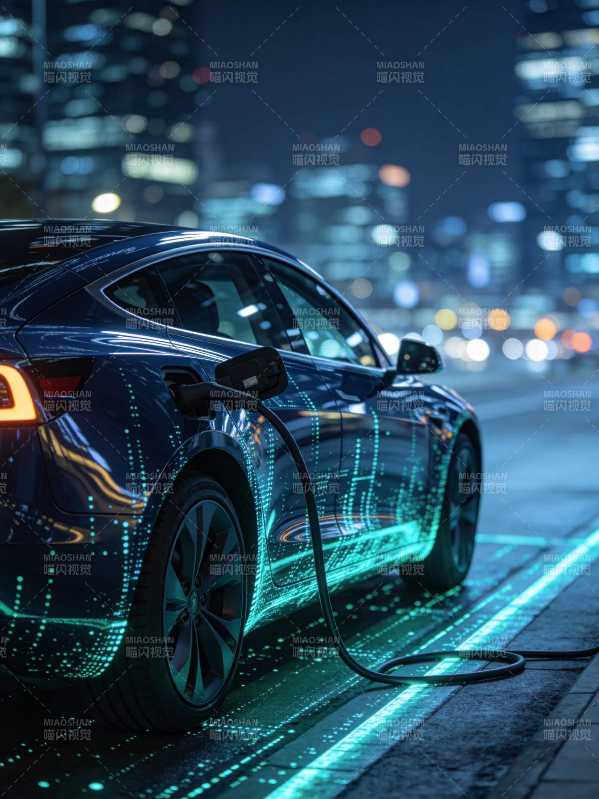 夜晚城市街道中正在充电的电动轿车图片