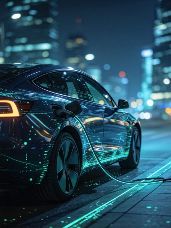 夜晚城市街道中正在充电的智能电动汽车图片