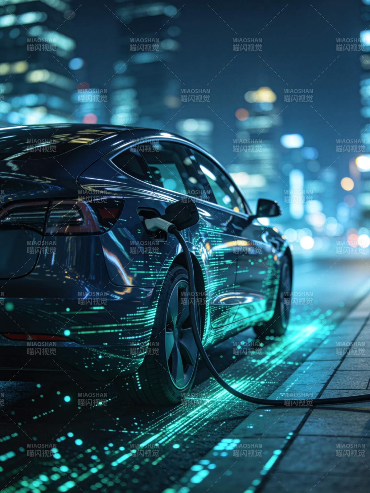 夜晚城市街道中正在充电的黑色电动汽车图片