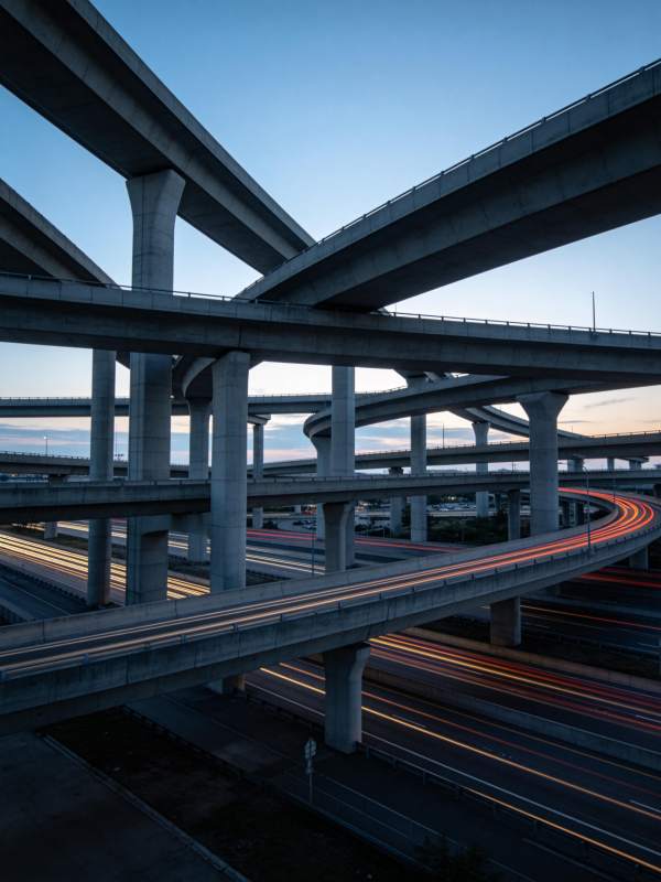 多层立交桥交错结构与车流光轨夜景图片