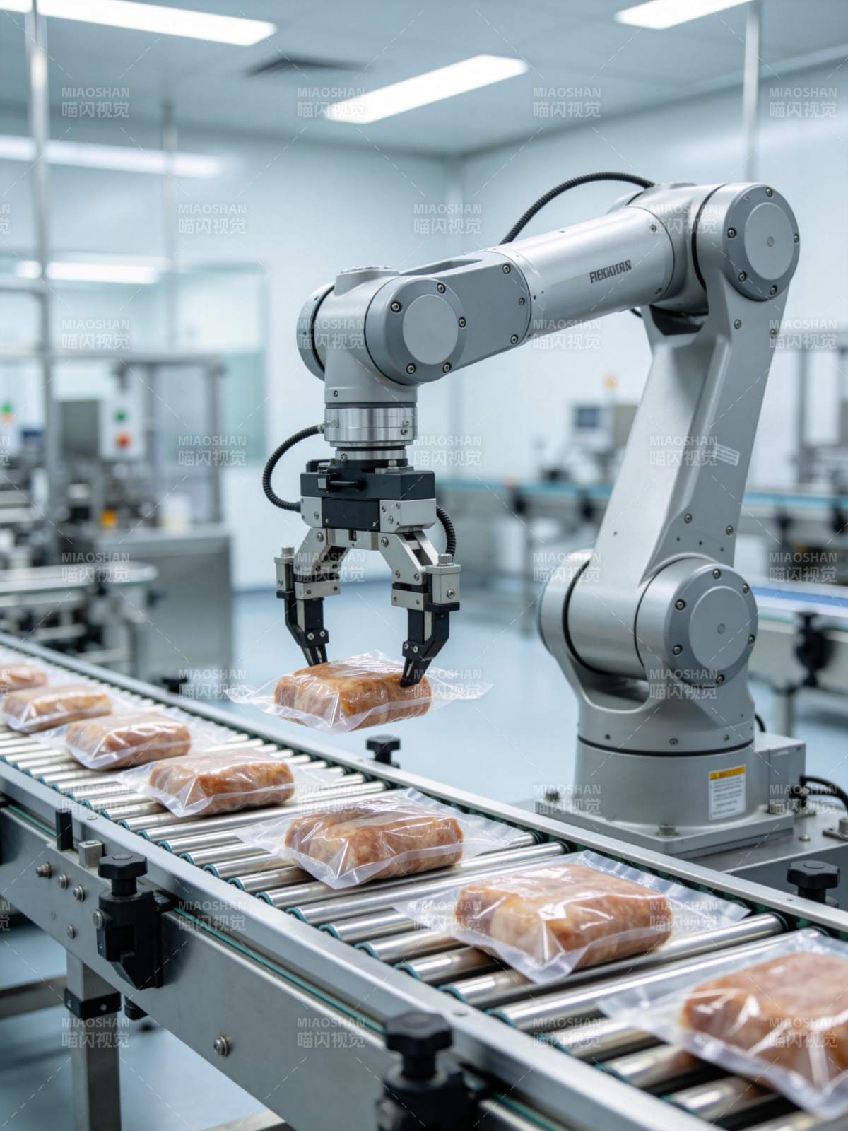 工业机器人在流水线上抓取包装食品图片