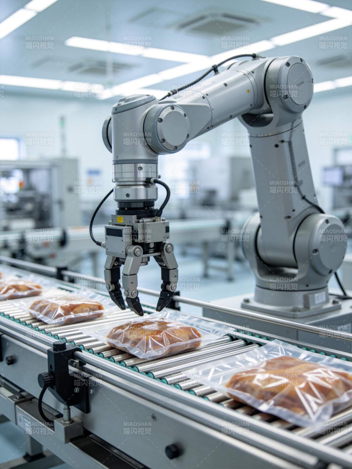 工业机器人在流水线上抓取包装食品图片