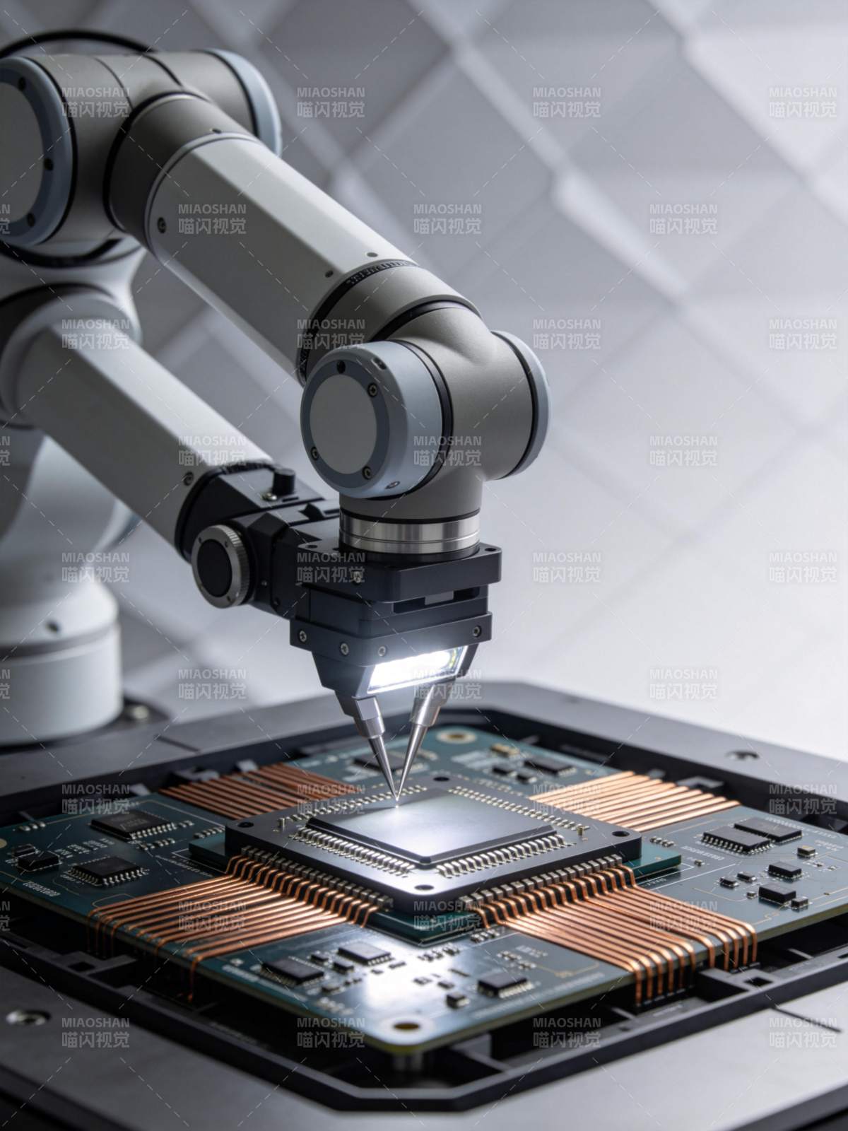 机械臂精准操作芯片电路板作业场景图片