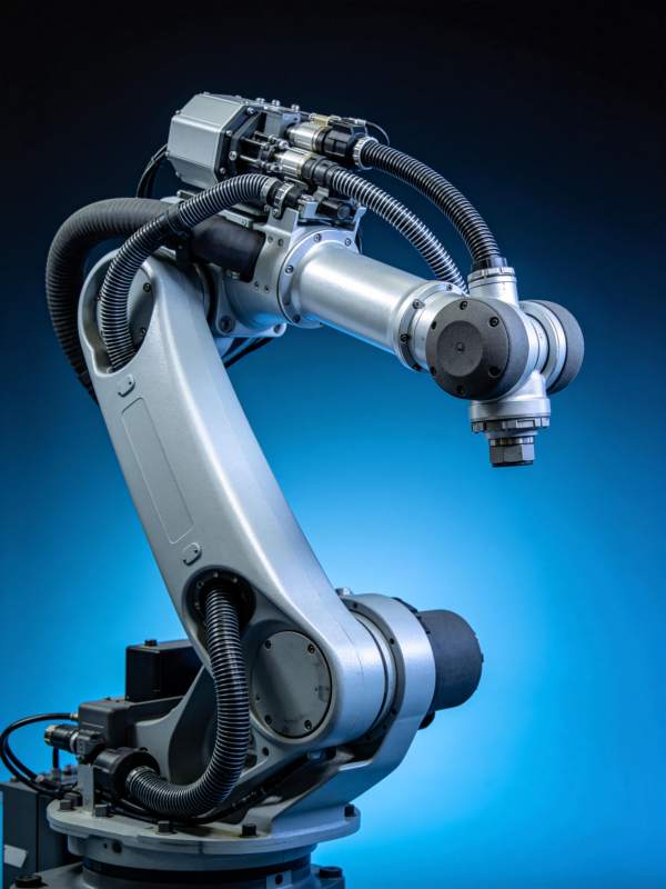 工业机械臂特写展示精密结构与管线布局图片