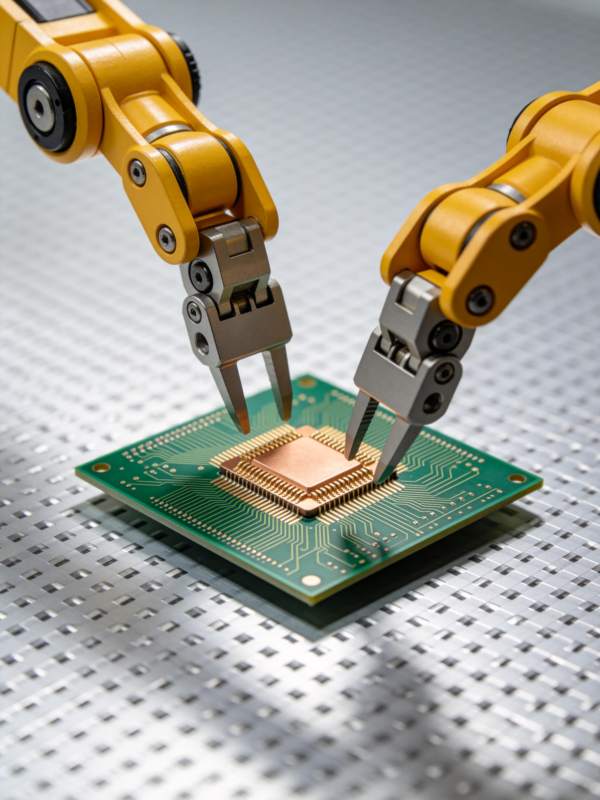 黄色机械臂精准安装芯片于电路板图片