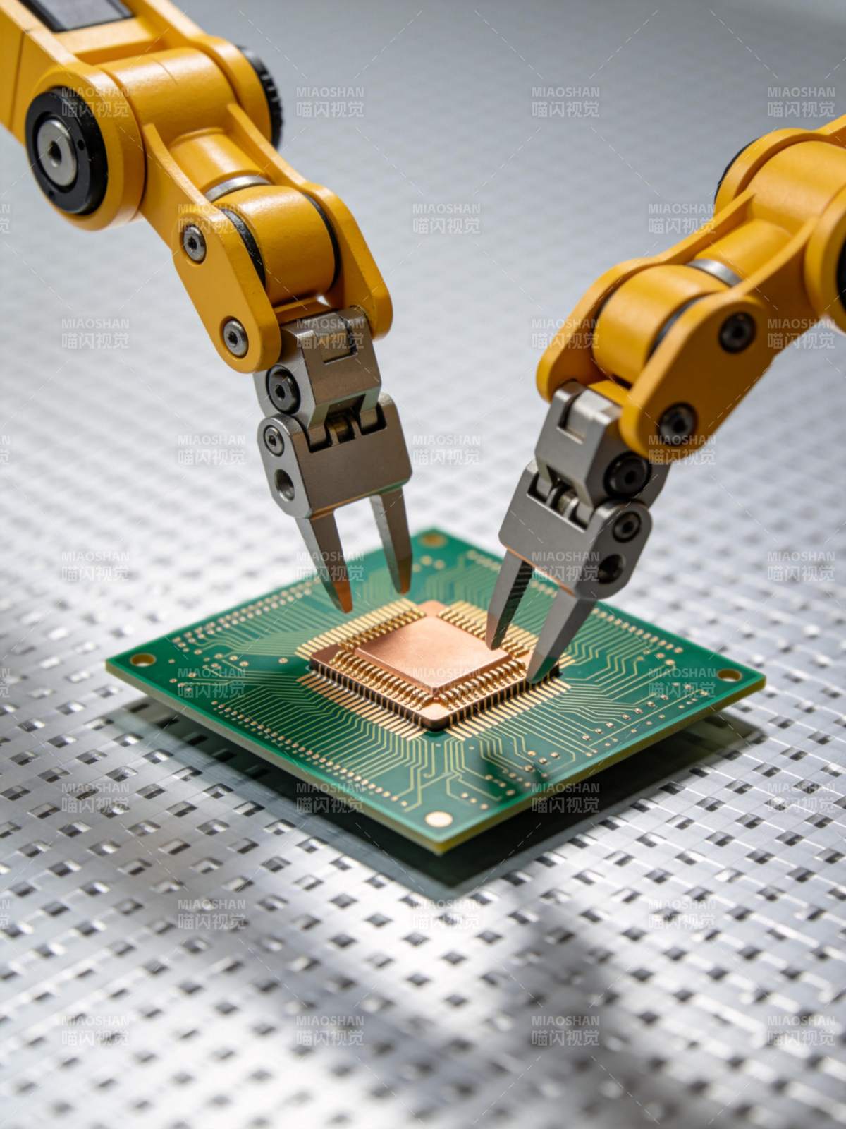 黄色机械臂精准安装芯片于电路板图片