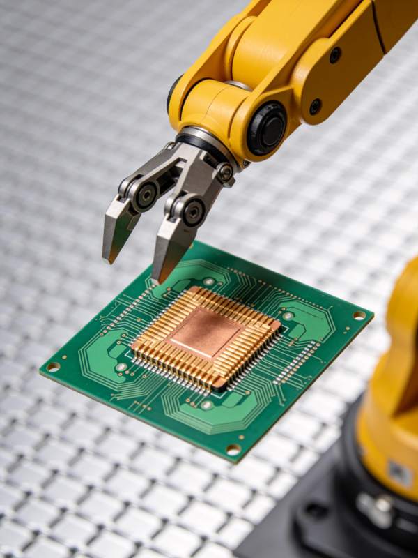 机械臂夹持绿色电路板进行精密操作图片