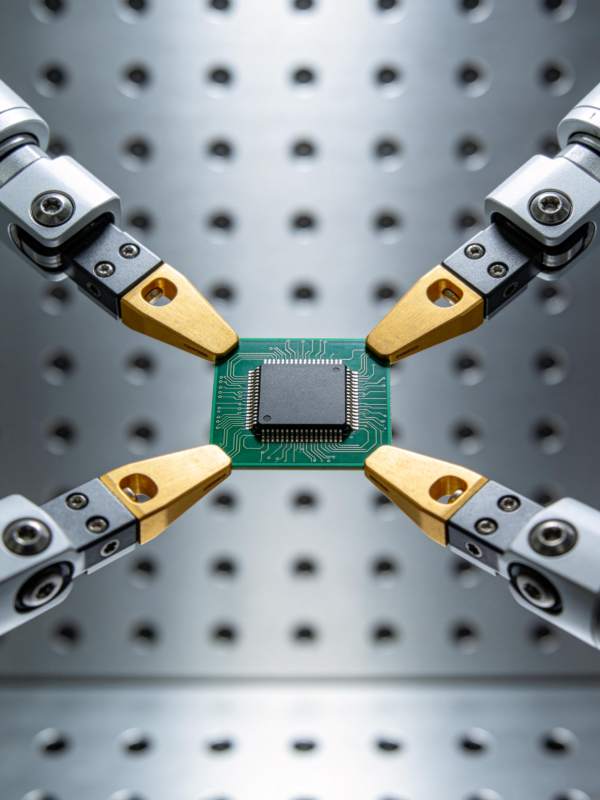 机械臂夹持绿色电路板芯片特写图片