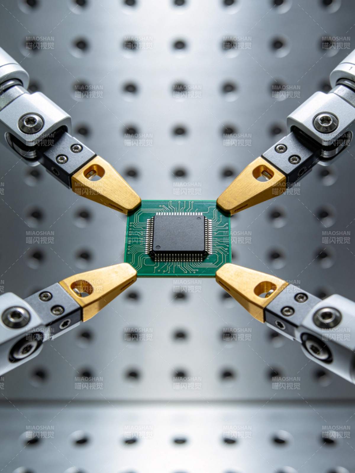 机械臂夹持绿色电路板芯片特写图片