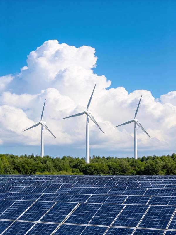 太阳能板与风力发电机并列清洁能源设施图片