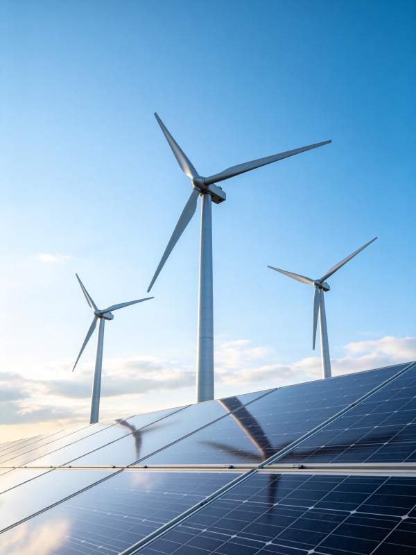 风力发电机与太阳能电池板组合发电场景图片