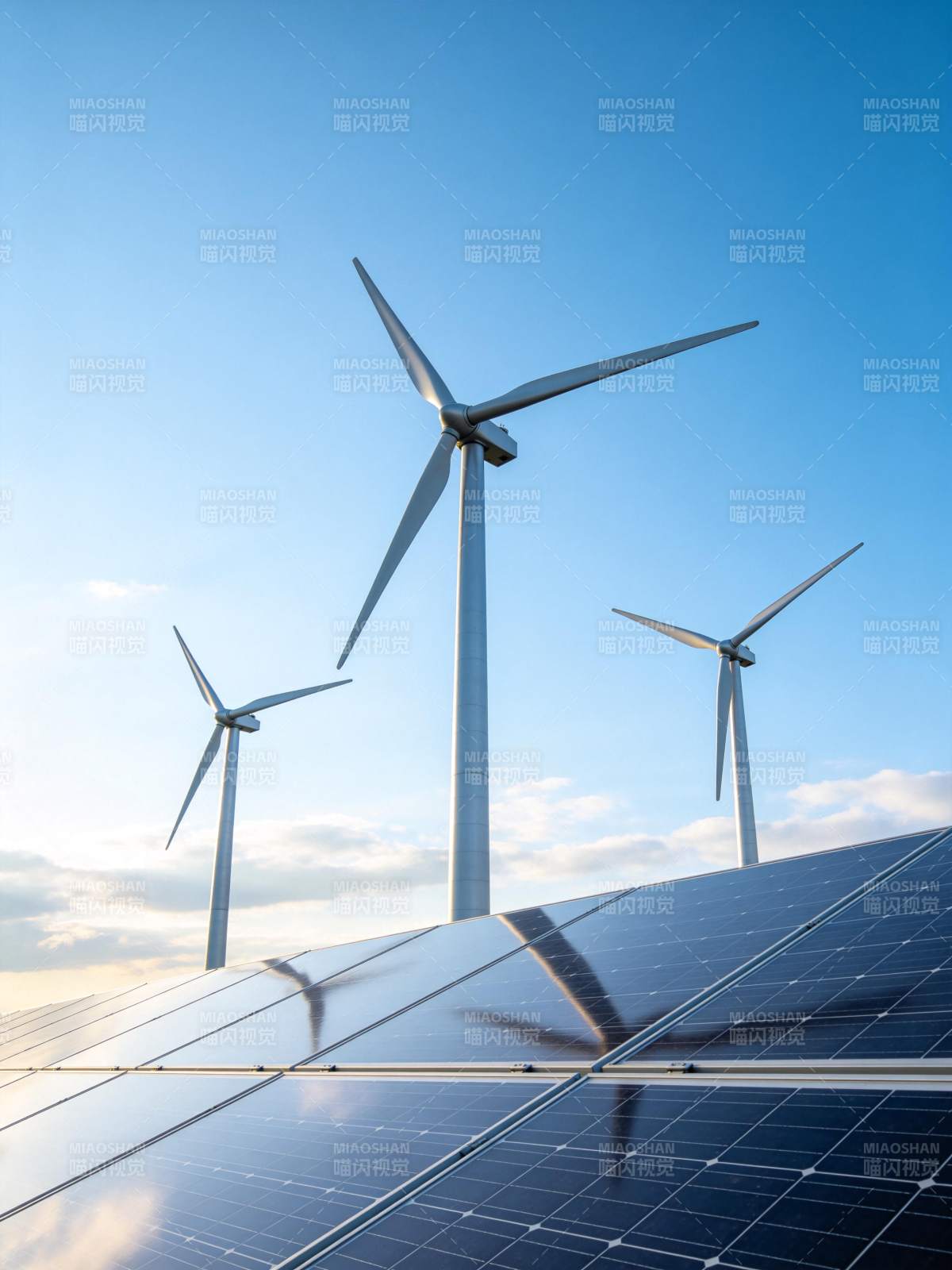 风力发电机与太阳能电池板组合发电场景图片