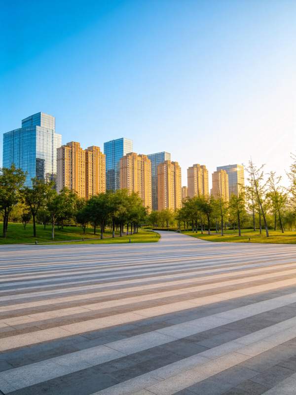 城市公园步道旁高楼林立清晨光影图片