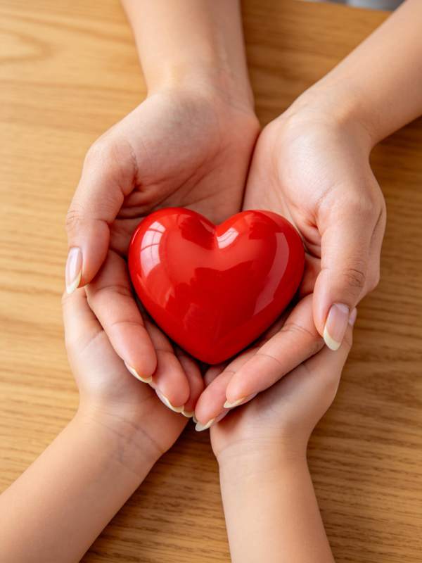 双手捧着红色心形物体置于木桌之上图片