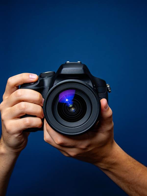 双手持单反相机对准镜头特写图片