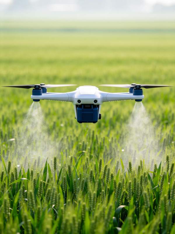 农业无人机在麦田上空喷洒作业图片