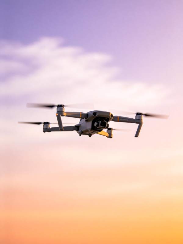 四轴无人机在黄昏天空中飞行图片