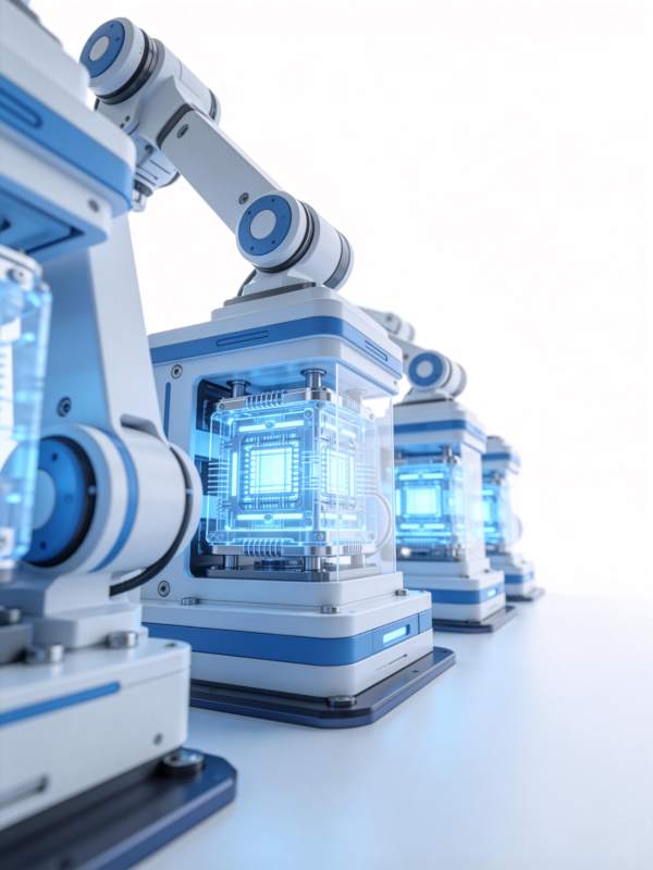 蓝白工业机械臂操作透明芯片设备图片