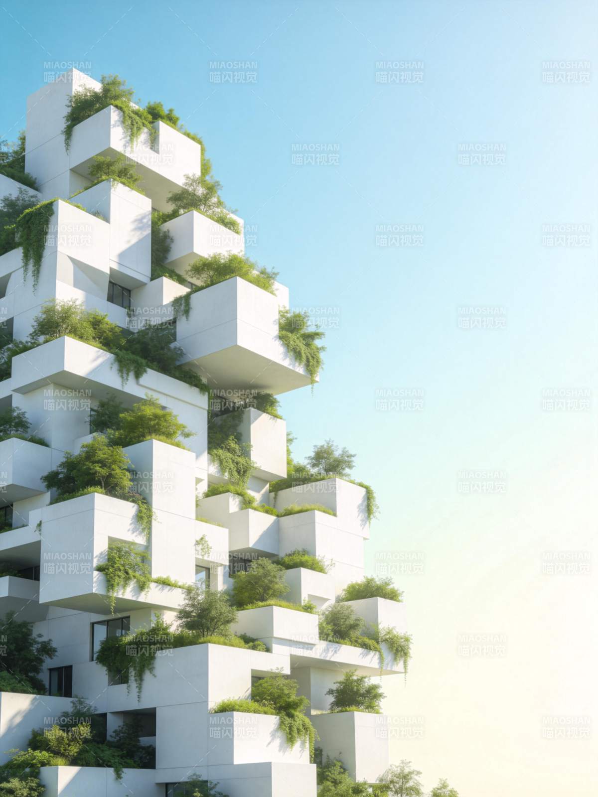 白色立体建筑群与绿植融合的现代设计图片