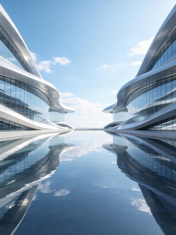 未来风格建筑对称结构与水面倒影景观图片