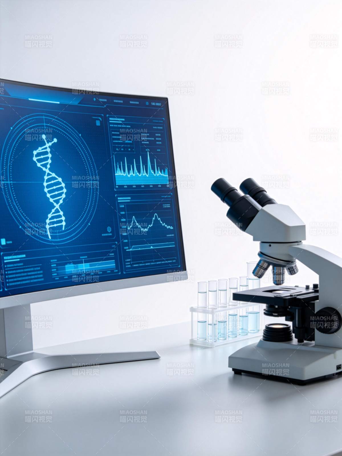 显微镜旁电脑屏幕显示DNA双螺旋结构数据图片