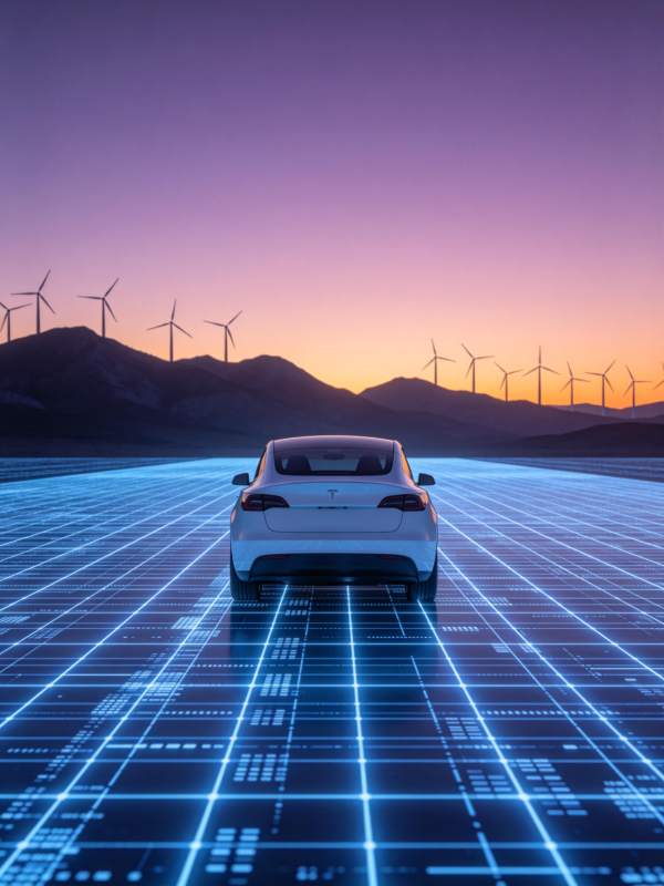 白色电动汽车行驶在发光网格道路上图片