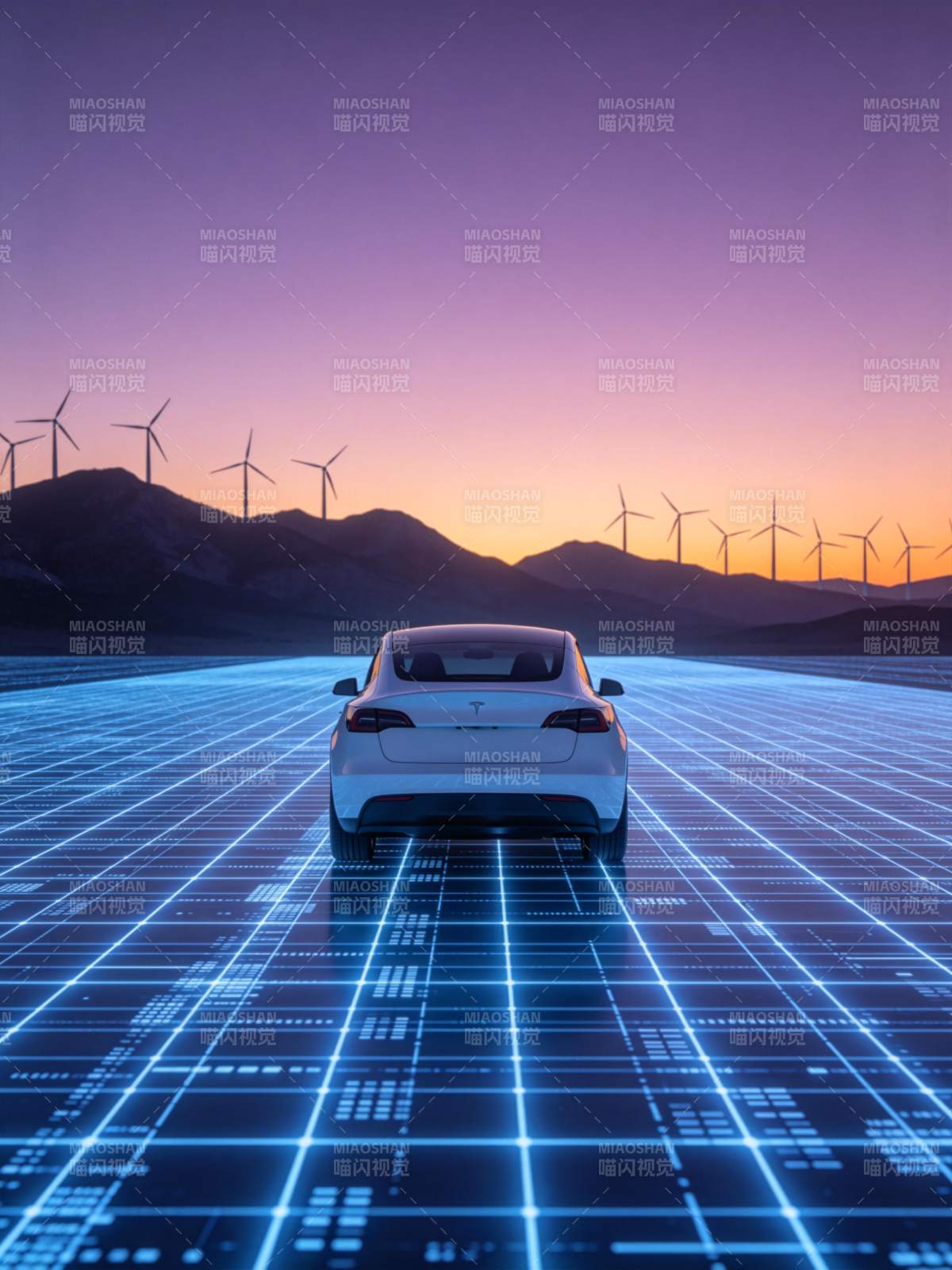 白色电动汽车行驶在发光网格道路上图片