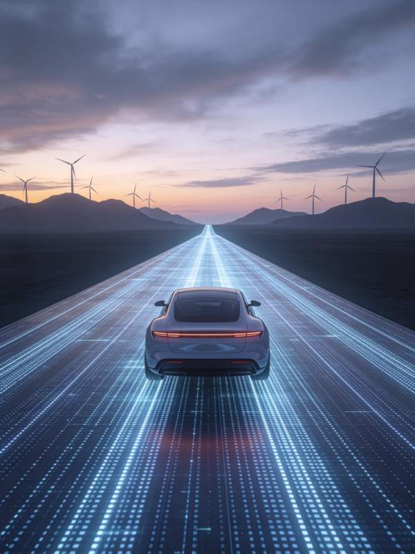 智能汽车行驶在发光数字公路上图片