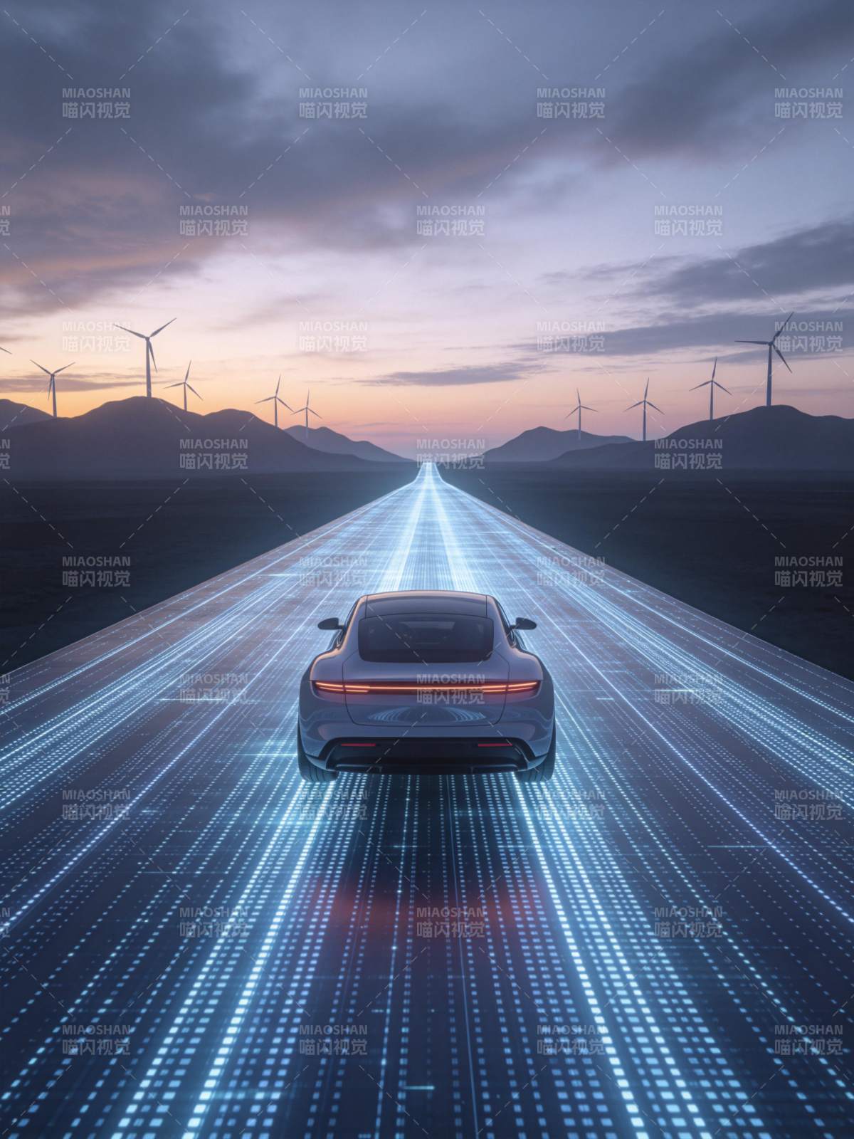 智能汽车行驶在发光数字公路上图片