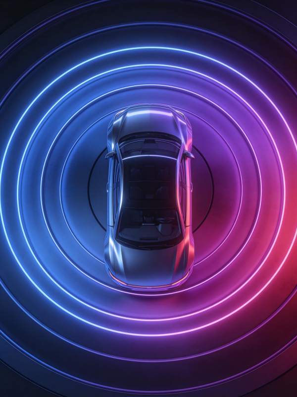 俯视视角下汽车置于霓虹光环中心图片