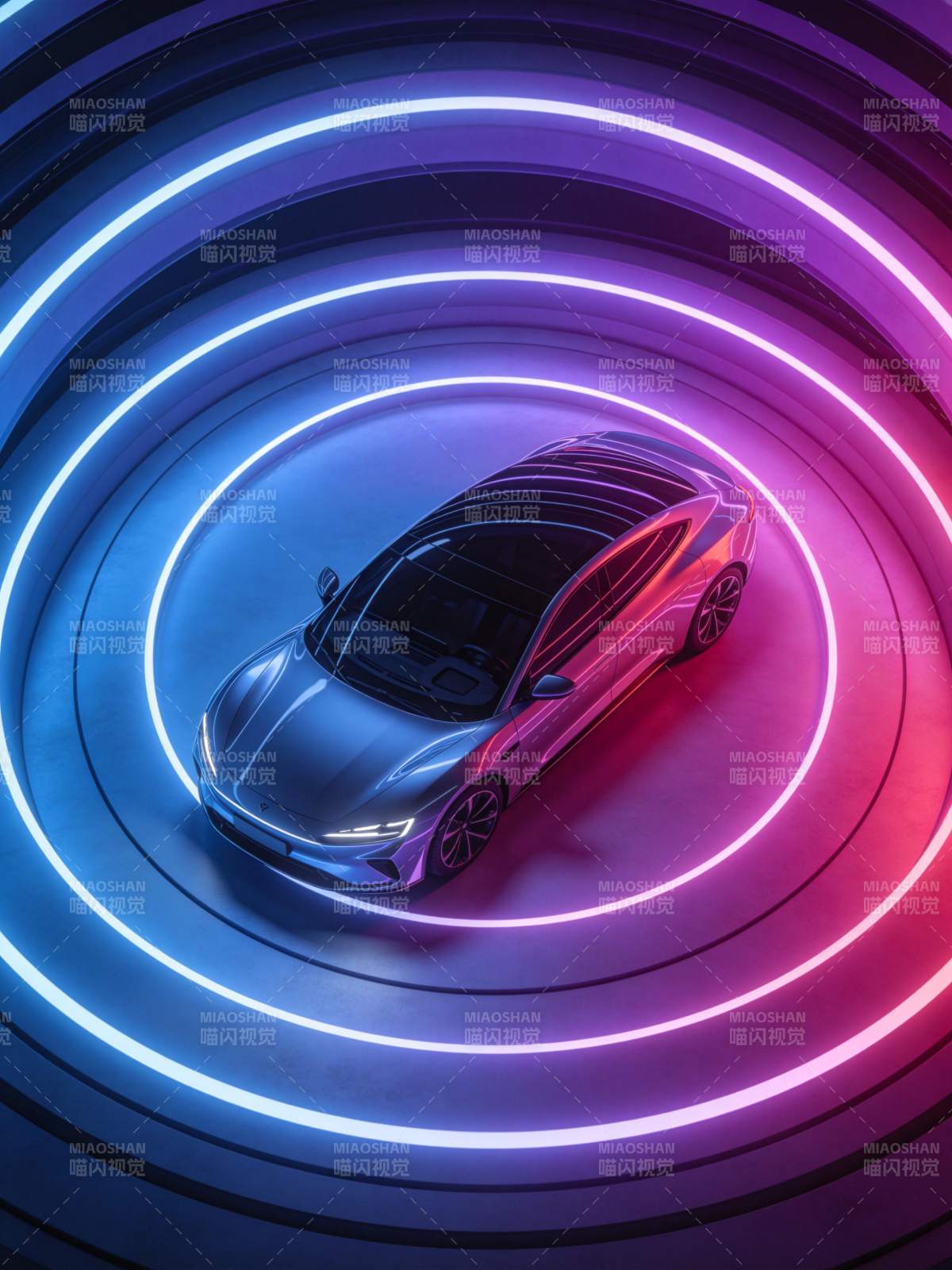 霓虹光环环绕下的未来感电动轿车俯视图图片