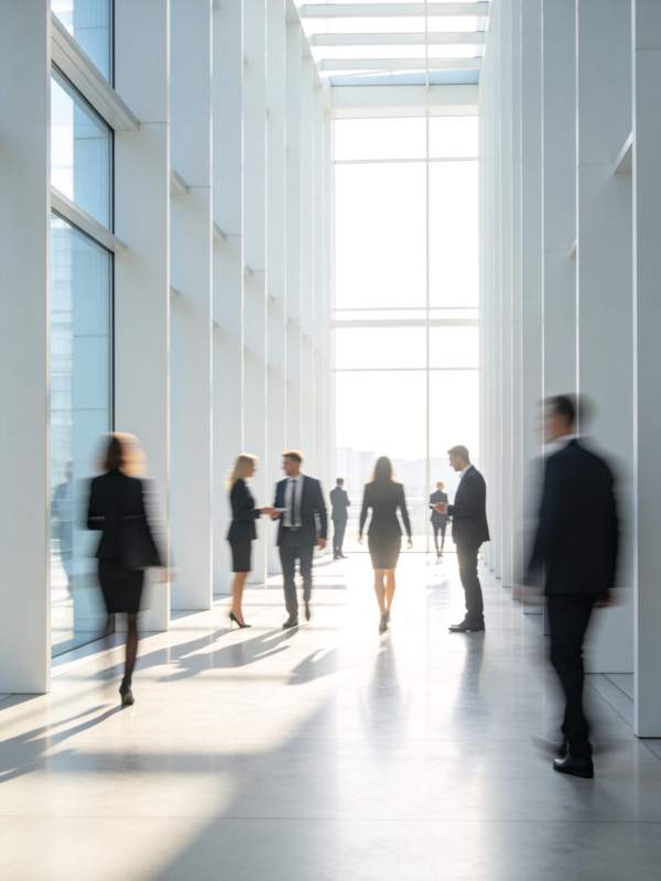 现代办公走廊中多位商务人士行走交谈图片