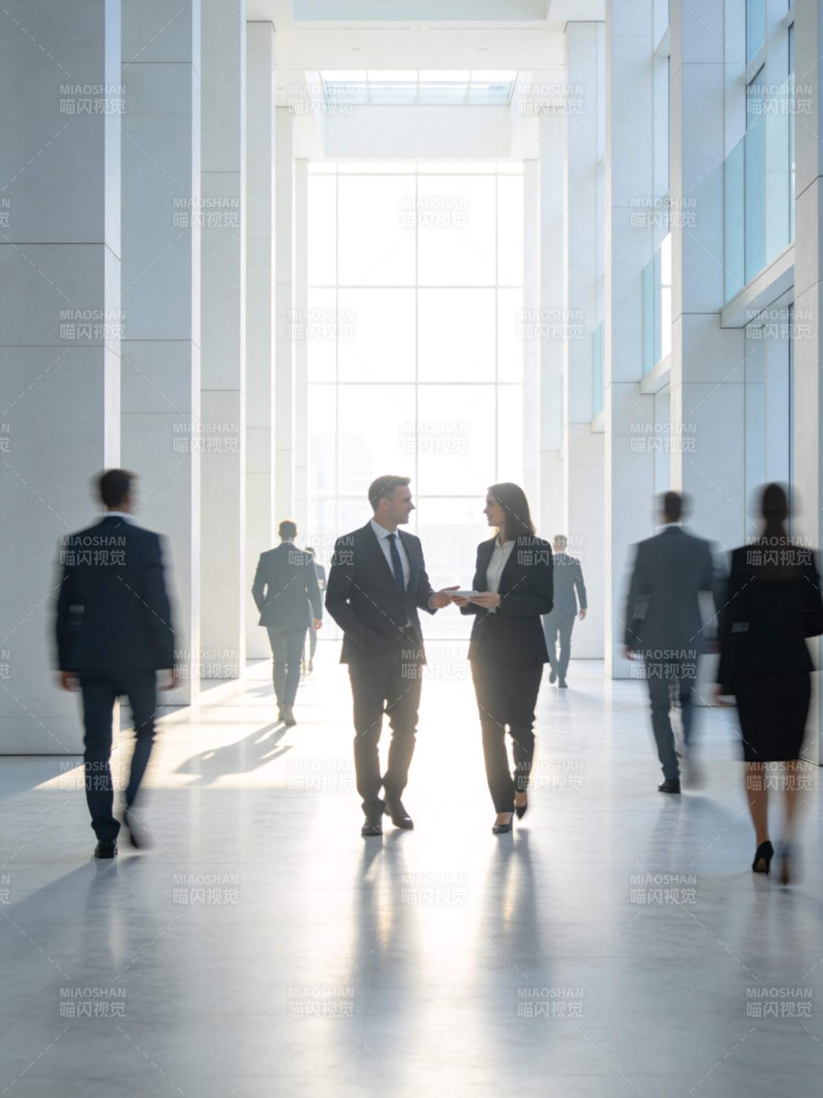 现代办公大厅中商务人士行走交谈场景图片
