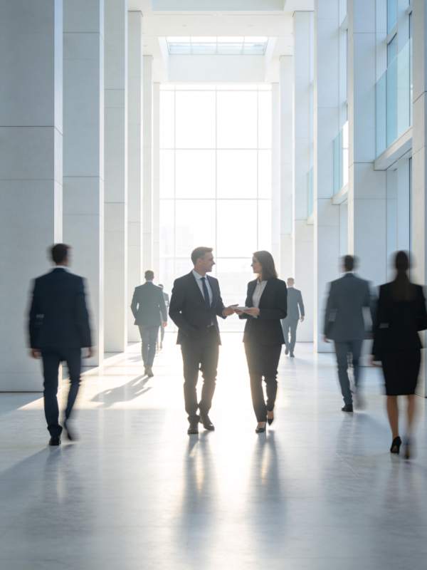 现代办公大厅中商务人士行走交谈场景图片