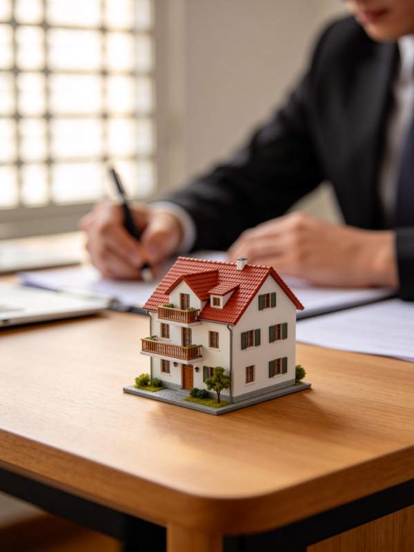 办公桌上摆放房屋模型与签约场景图片