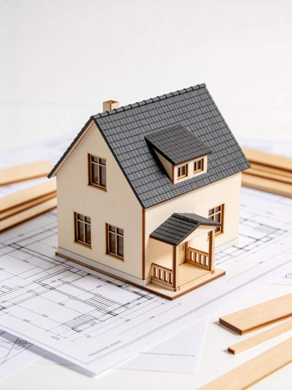 木质房屋模型置于建筑图纸与木条之上图片