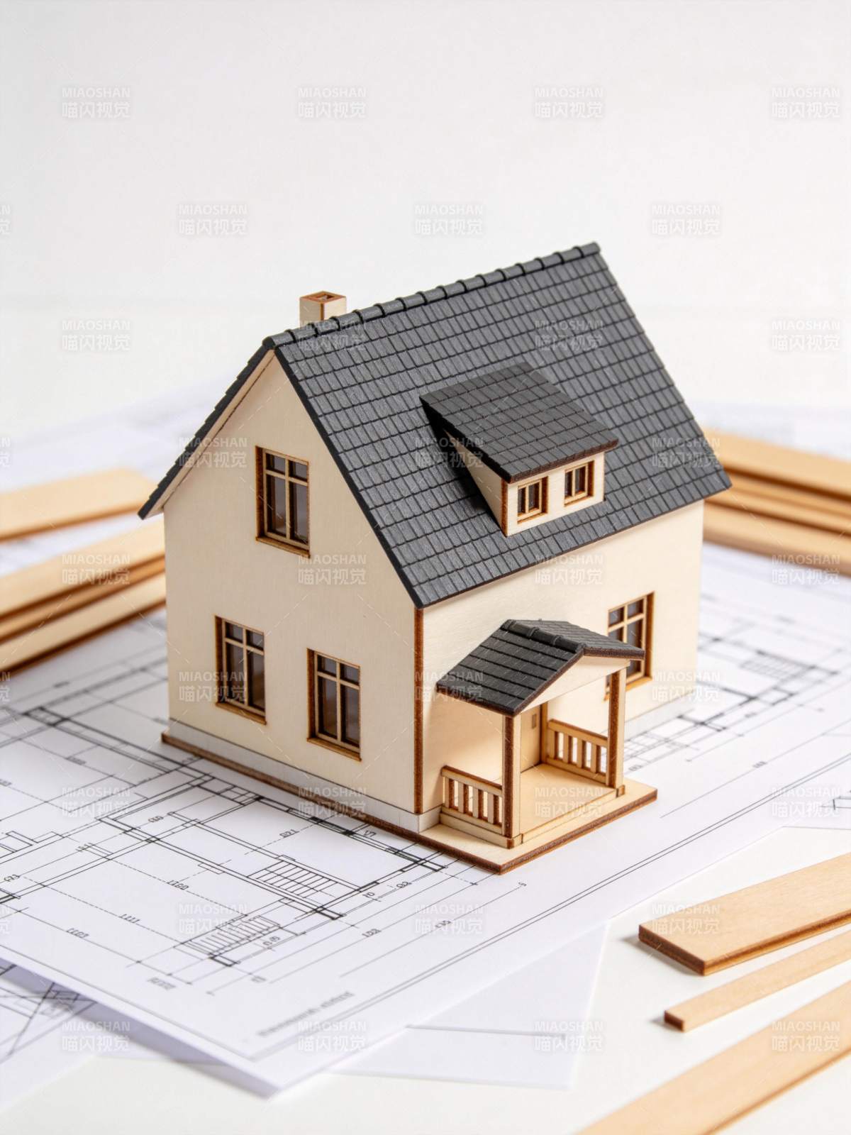 木质房屋模型置于建筑图纸与木条之上图片