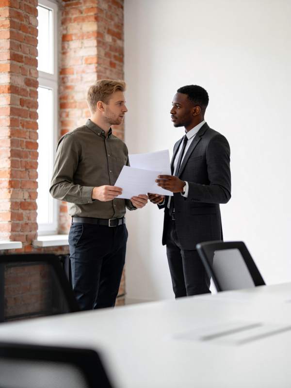 两位男士在办公室内讨论文件内容图片