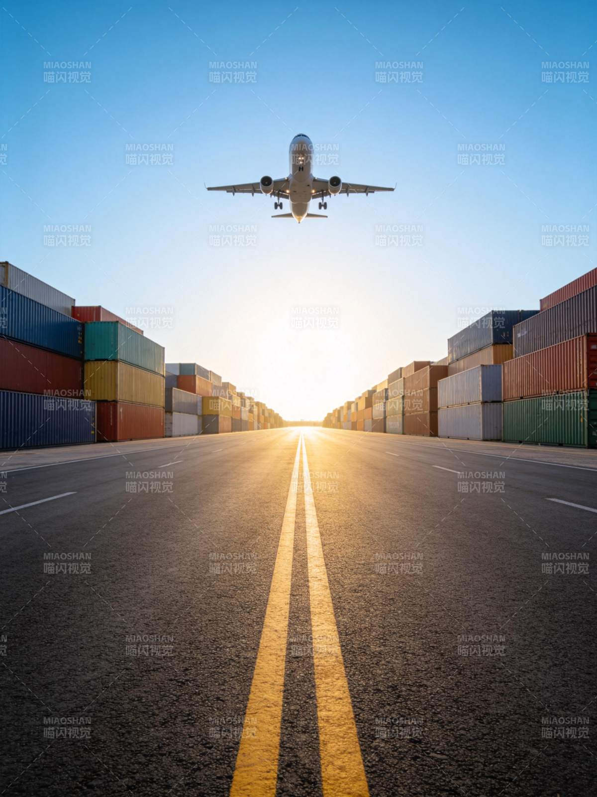 飞机低空飞越集装箱堆场与公路图片