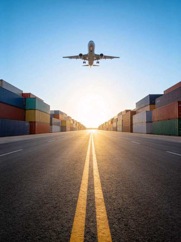 飞机低空飞越集装箱堆场与公路图片