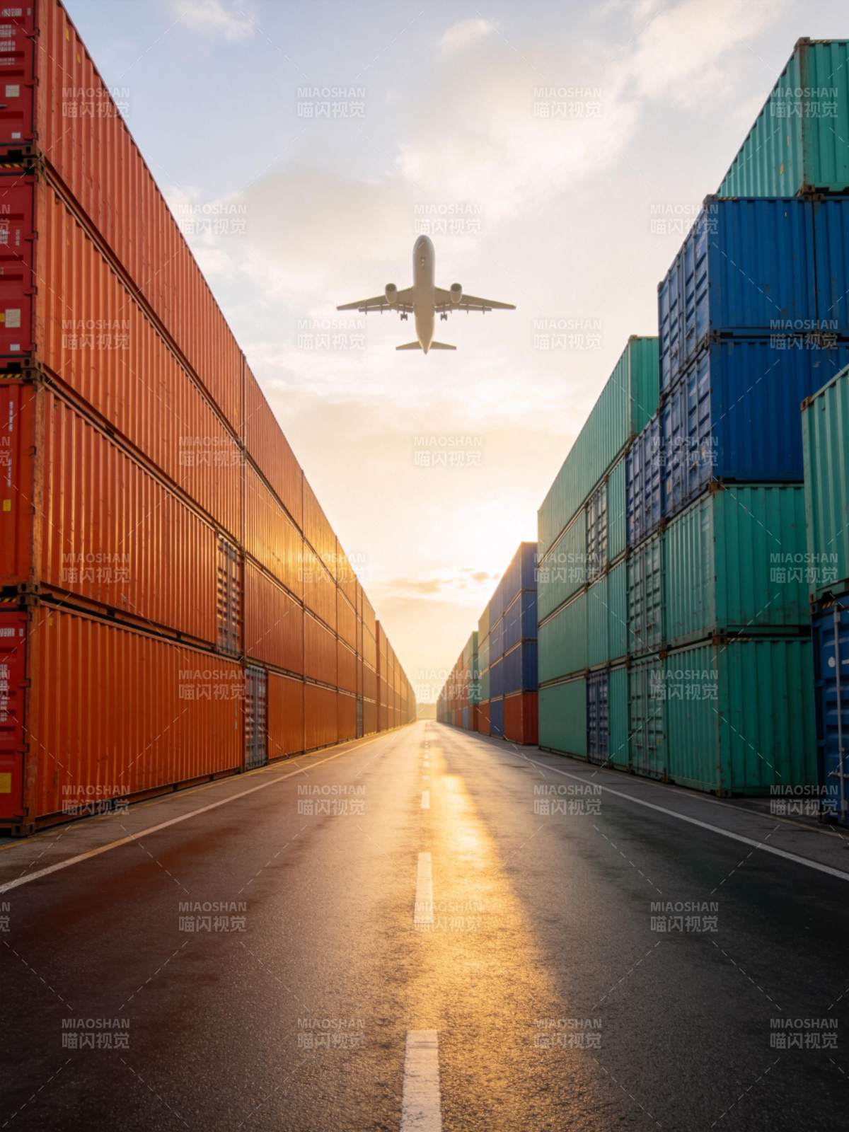 集装箱通道中飞机低空飞越的物流场景图片