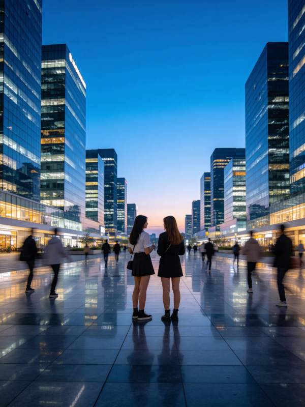 两位女性站在现代城市广场仰望高楼夜景图片