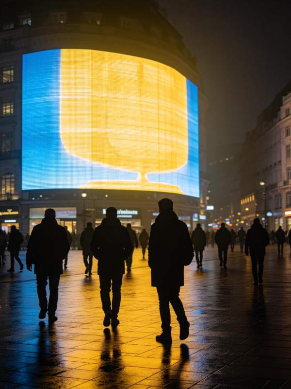夜晚城市街头行人与巨型曲面LED屏幕图片