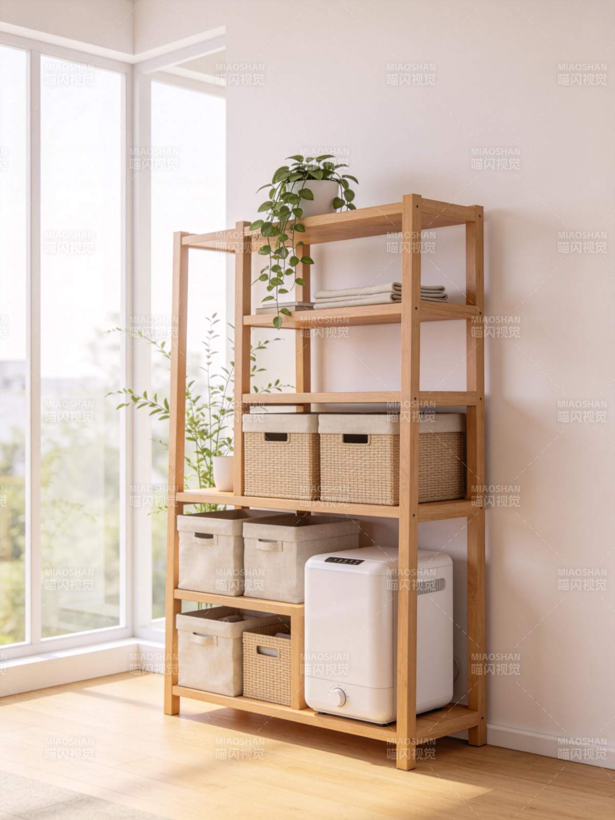 木质置物架摆放绿植收纳筐与加湿器图片