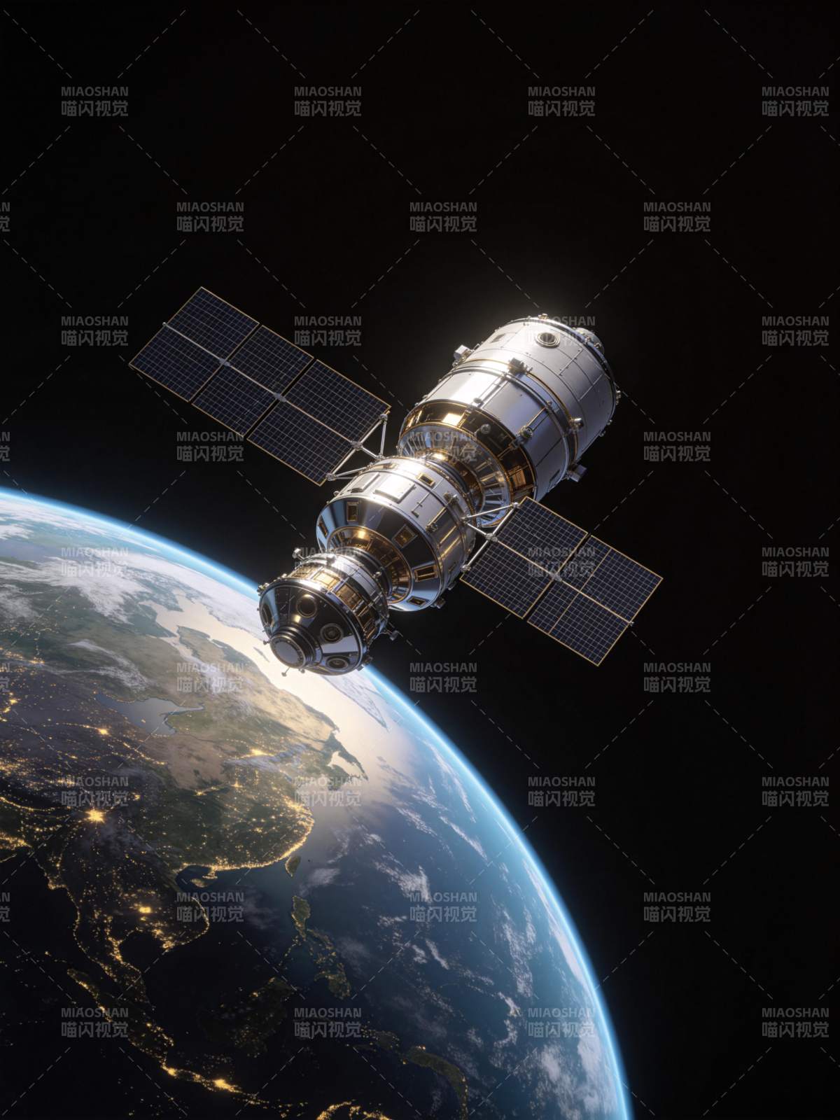 人造卫星在地球轨道上运行的太空景象图片