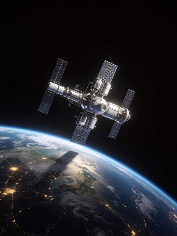 空间站悬浮地球轨道上方夜景图片