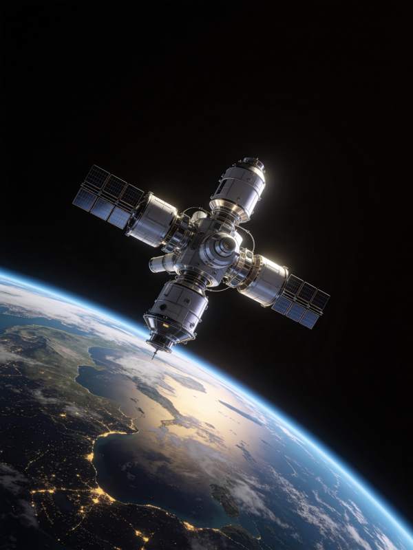 空间站悬浮地球轨道上方夜景图片