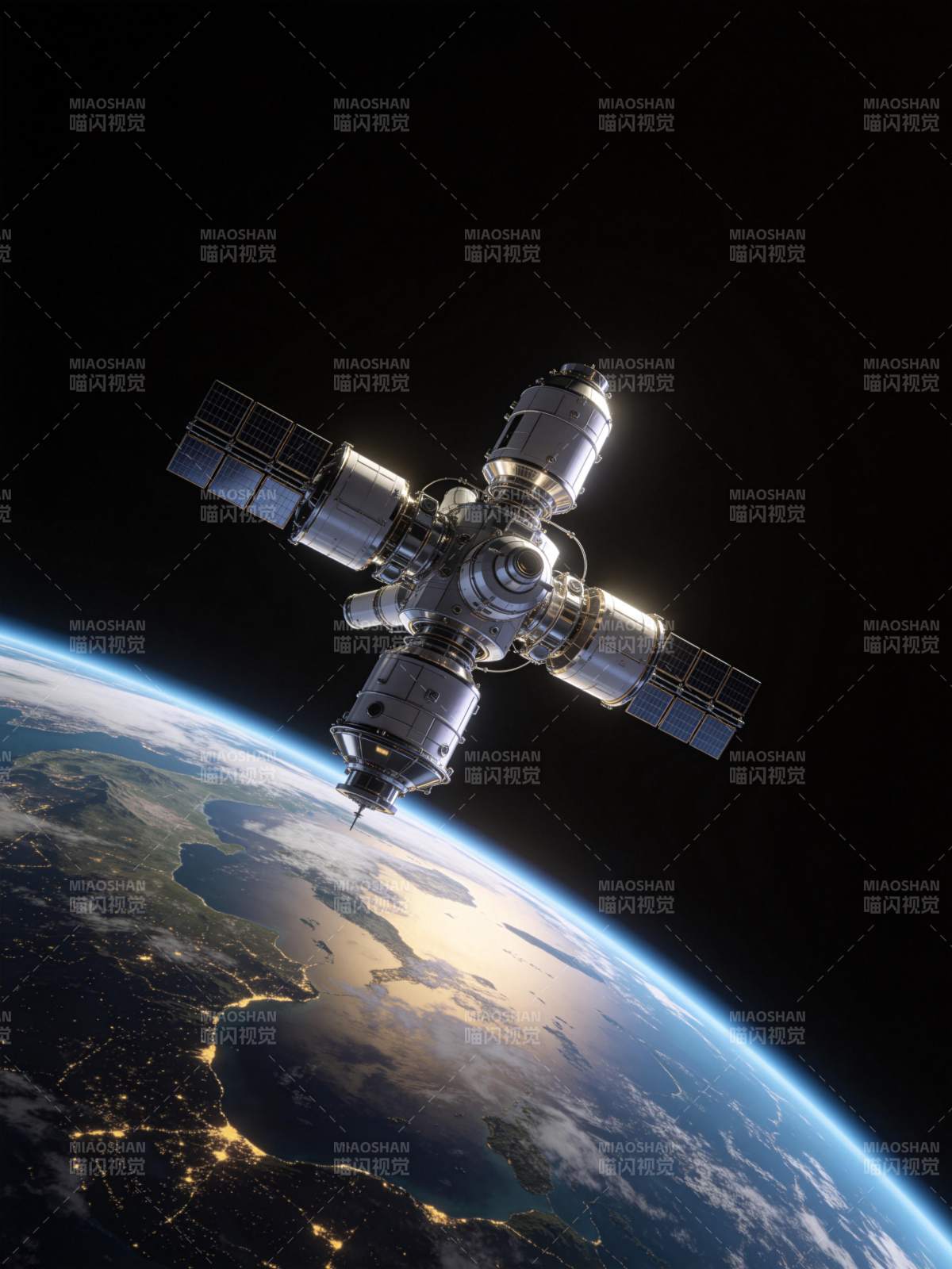 空间站悬浮地球轨道上方夜景图片