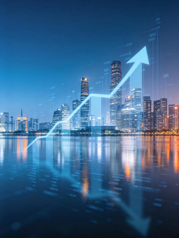 城市夜景叠加金融数据上升箭头图表图片