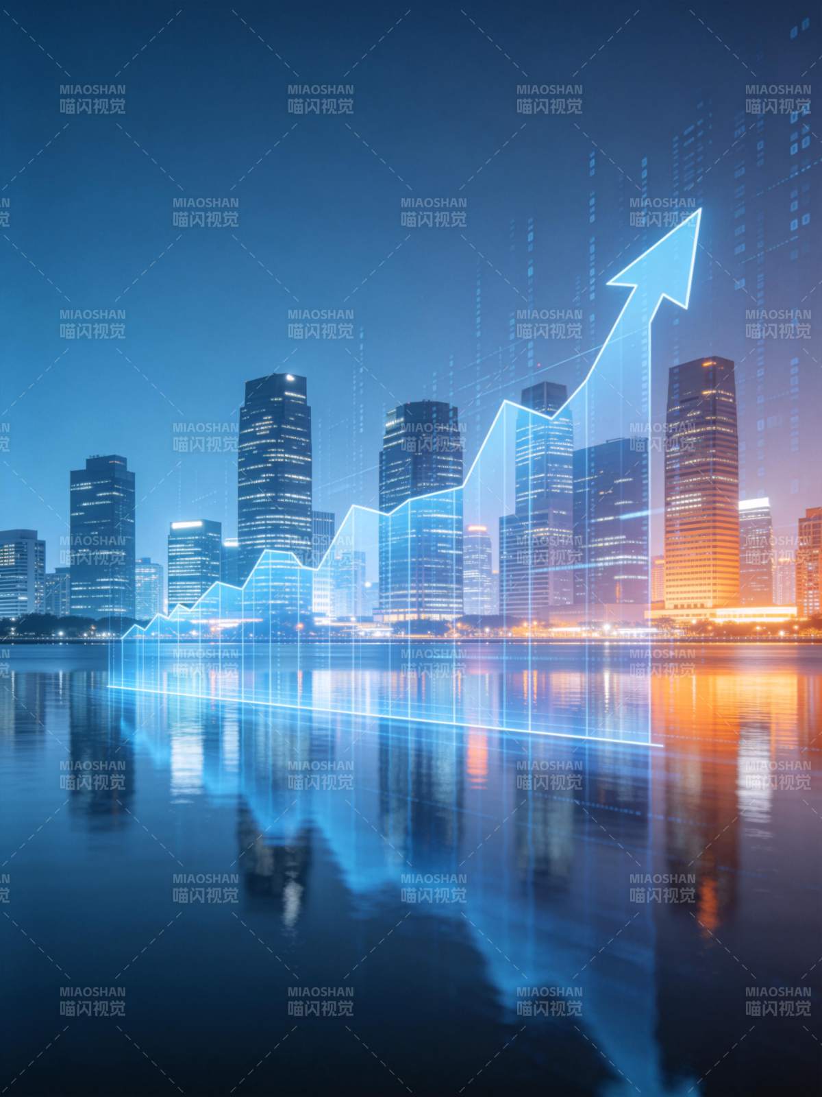 城市夜景中叠加蓝色上升趋势图表图片